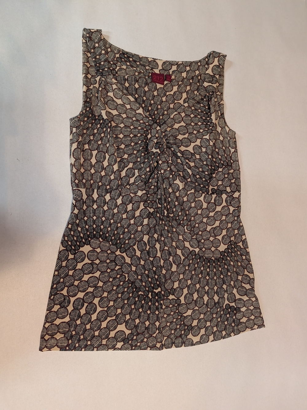212 Collection Top XS  Black Brown Tan Abstract Knot Neck Sleeveless Blouse Boho